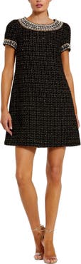 Mac Duggal Women's Short Sleeve Boucle Mini Dress With Beading Detail