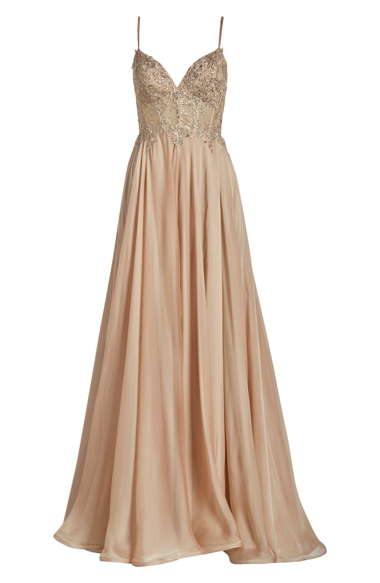 La Femme Floral Appliqué Chiffon Gown, Alternate, color,