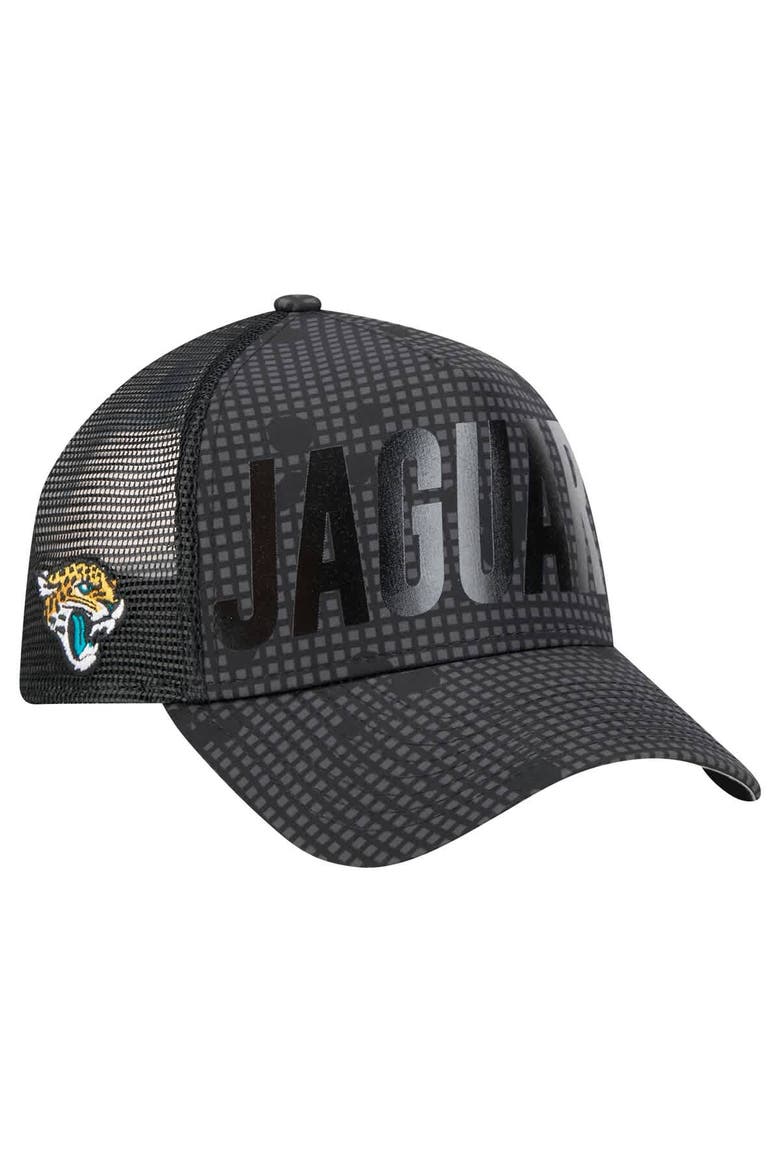 Men's New Era Black Jacksonville Jaguars  Midnight Ink Tonal Text A-Frame Trucker 9FORTY Adjustable Hat, Main, color, Black
