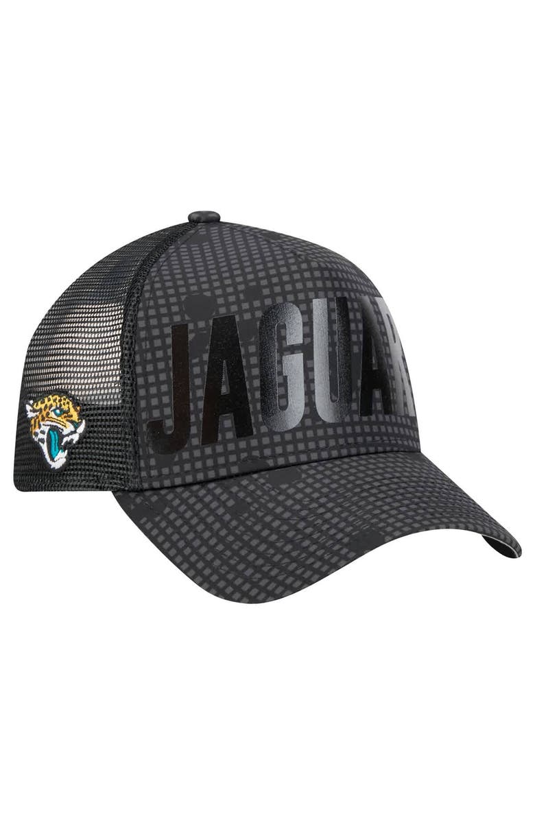 New Era Men's New Era Black Jacksonville Jaguars Midnight Ink Tonal Text A-Frame Trucker 9FORTY Adjustable Hat, Main, color, Black