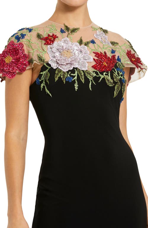 Mac Duggal Embroidered Floral Detail A-line Gown In Black Multi