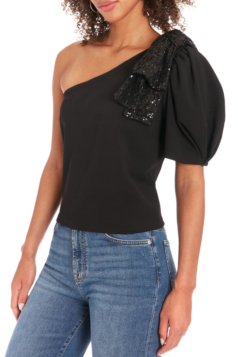 One Shoulder Bubble Sleeve Top, Alternate, color, BLACK