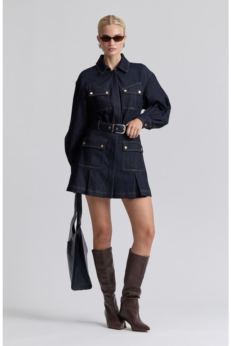 Belted Long Sleeve Stretch Denim MInidress, Alternate, color, DARK RINSE
