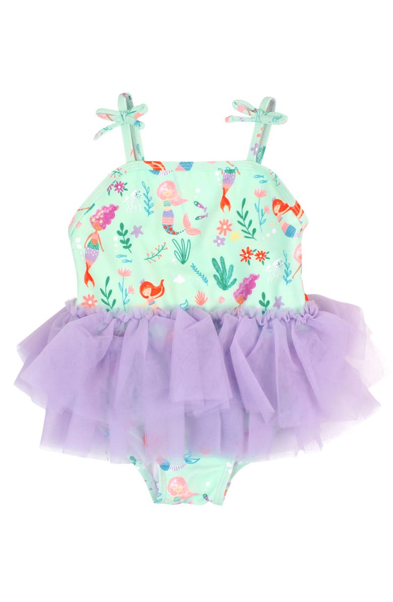 RuffleButts Girls UPF50+ Tulle Skirted One Piece, Main, color, Mermaid Princess