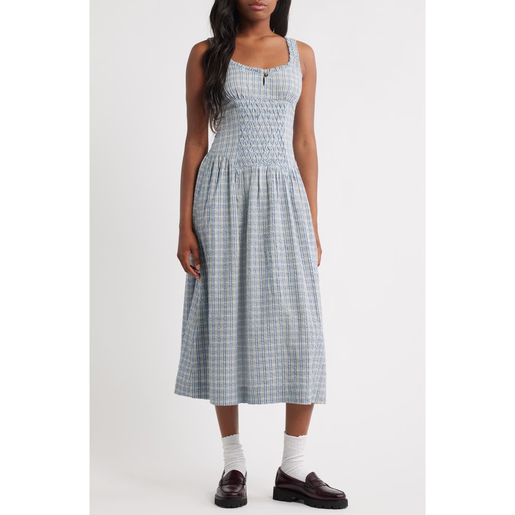 Damson Madder Womens Mallory Check-print Cotton Midi Dress Cloudy In Gray
