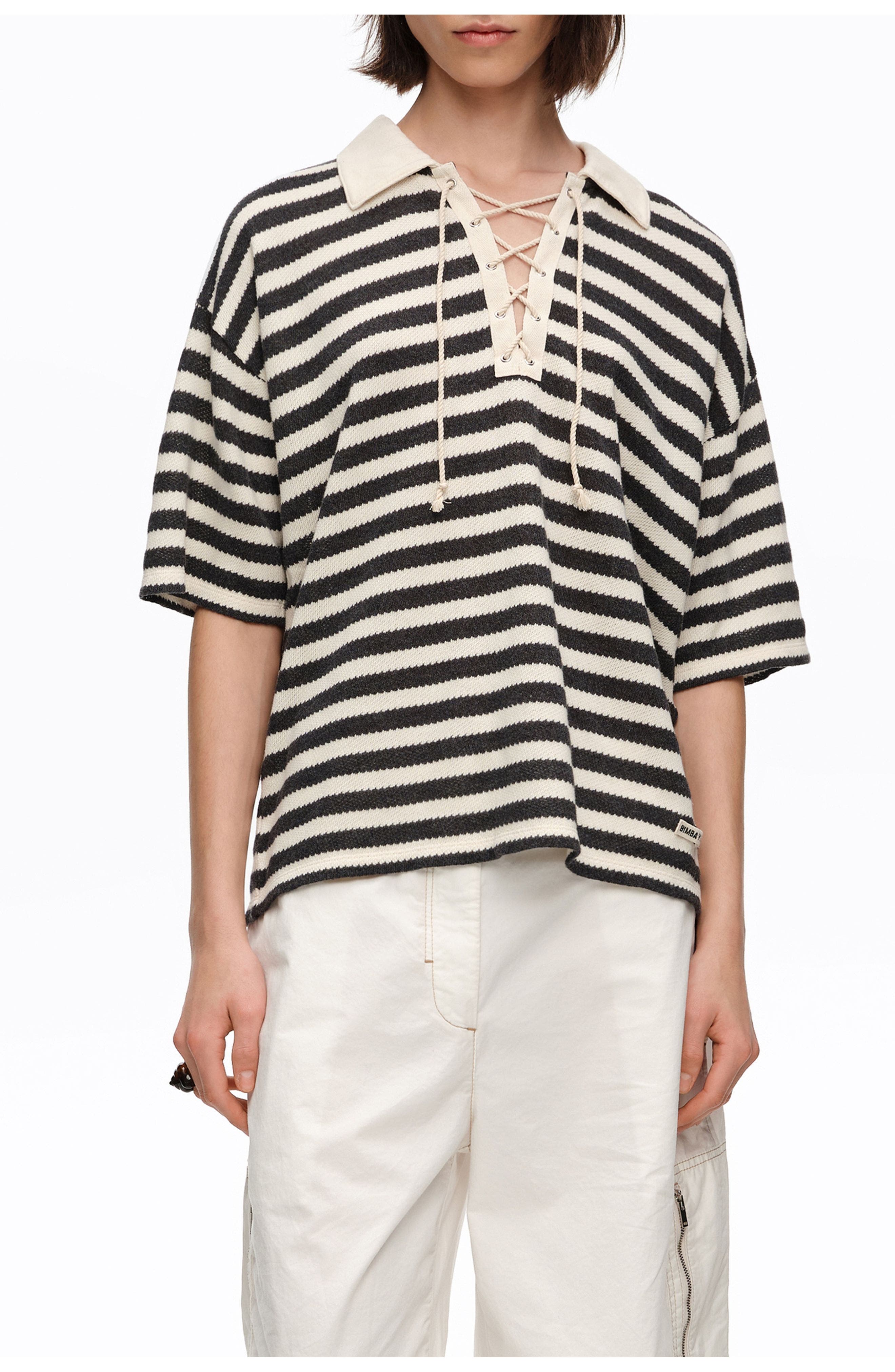 Striped T-Shirt With Adjustable Polo Shirt Collar
