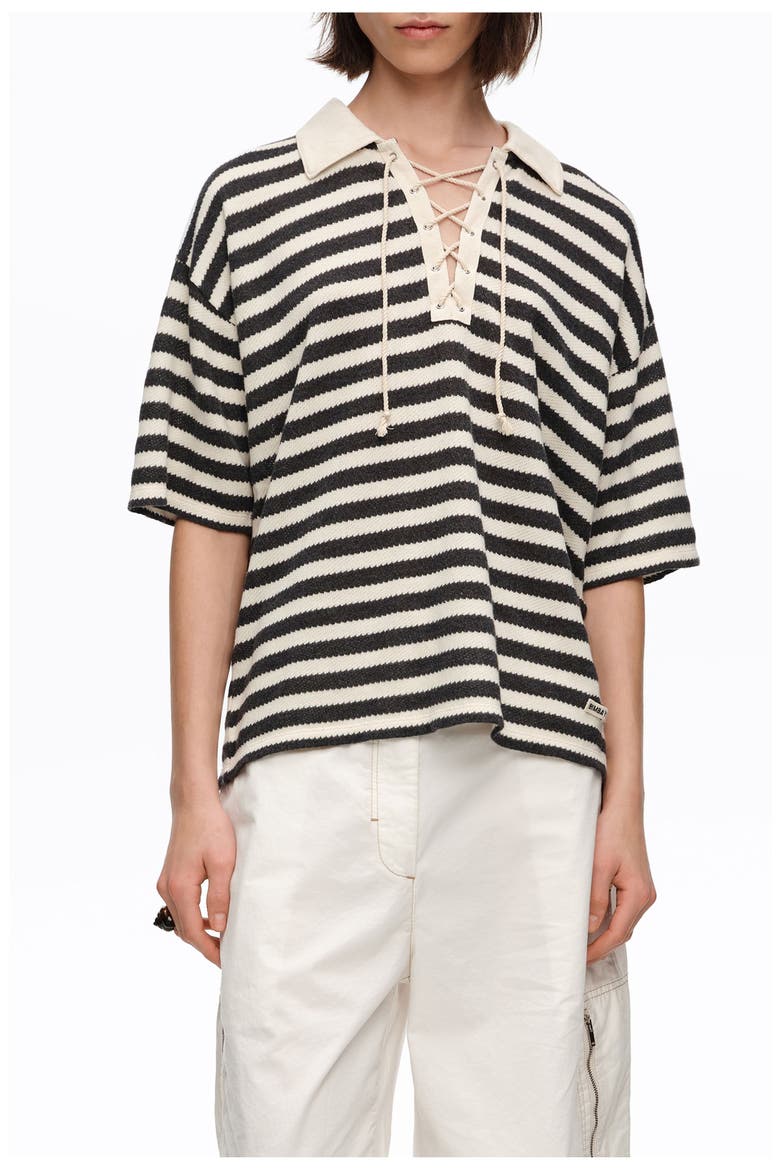 Striped T-Shirt With Adjustable Polo Shirt Collar, Main, color, BLACK