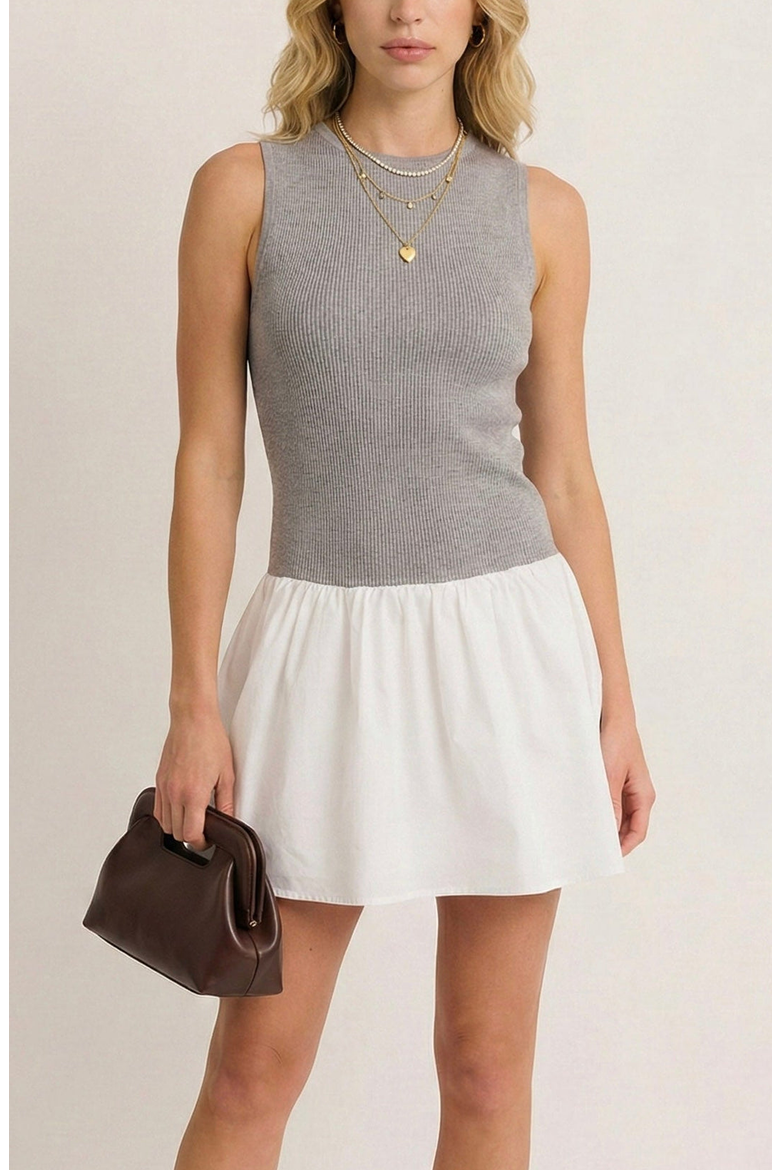 Knit Bodice Contrast Mini Dress, Main, color, White / Grey