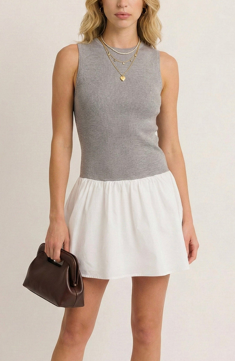 Modenaire Knit Bodice Contrast Mini Dress, Main, color, White / Grey