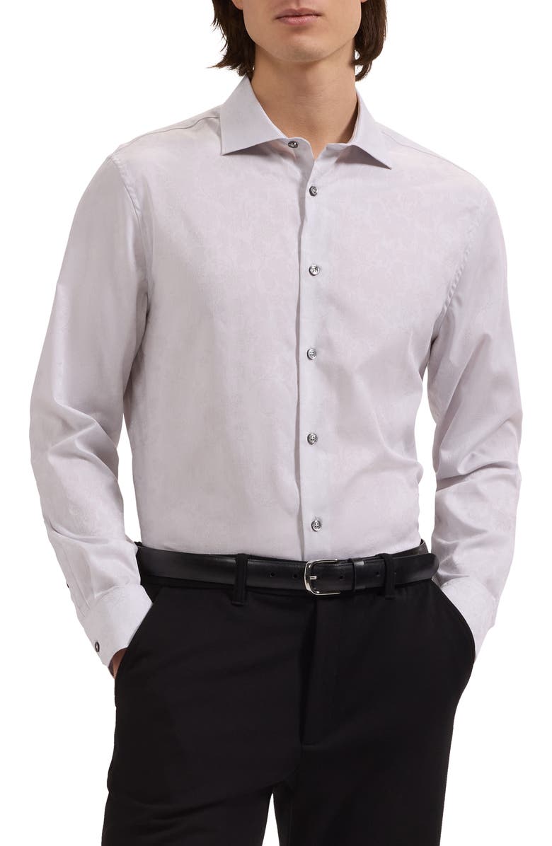 Bugatchi Axel Shaped Fit Floral Jacquard Button-Up Shirt, Main, color, Platinum