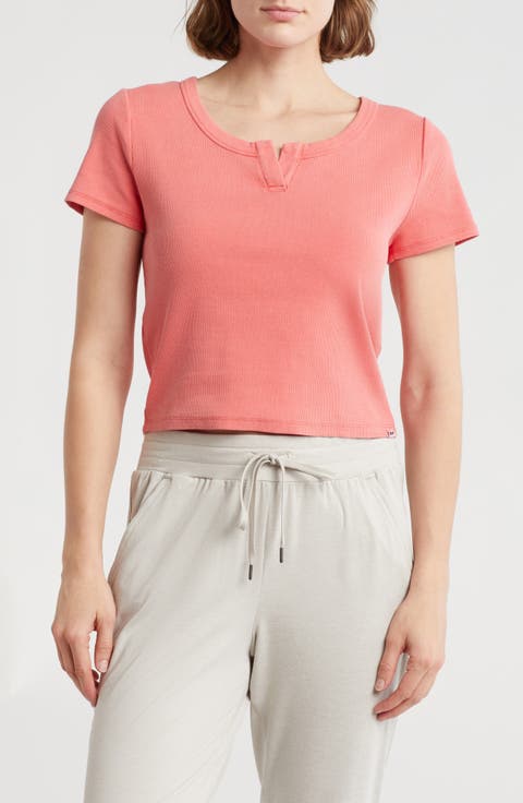 Split Neck Rib Knit T-Shirt