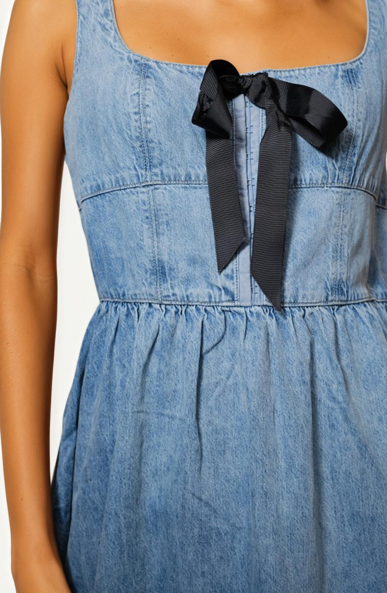 Knit and Lounge Square Neckline Contrast Bow Denim Midi Dress, Alternate, color, 