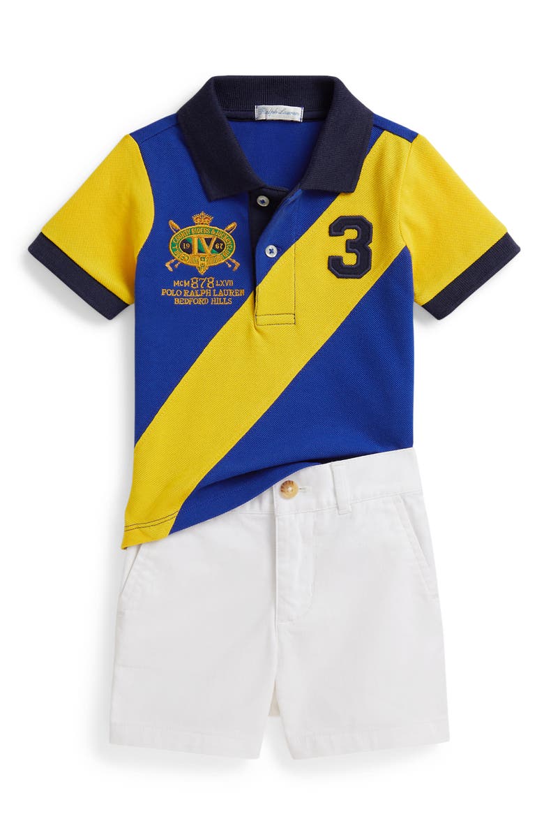 Ralph Lauren Banner Polo Shirt & Shorts Set, Main, color, Blue Multi