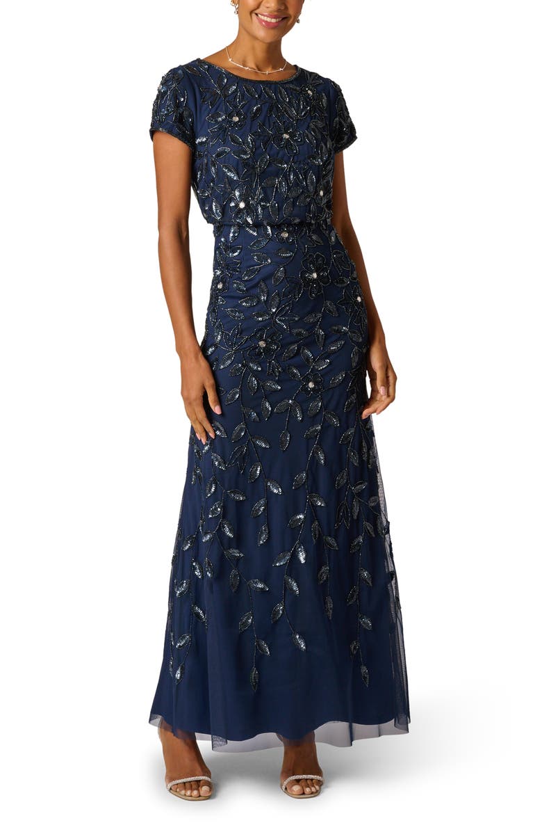 Adrianna Papell Beaded Mesh Gown, Alternate, color, Light Navy