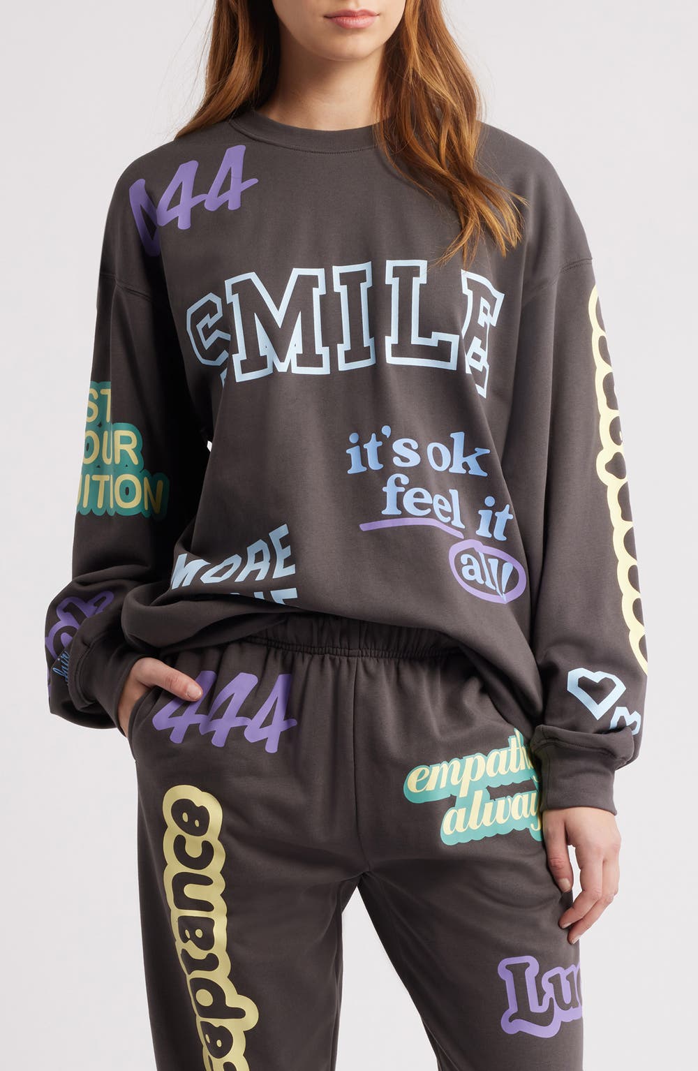 Affirmations French Terry Graphic Sweatshirt, color, CHARCOAL