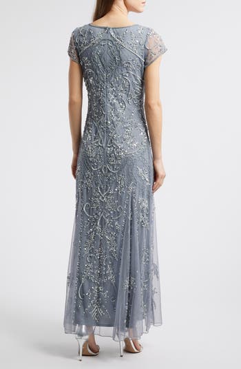 Beaded Mesh Midi Cocktail Dress