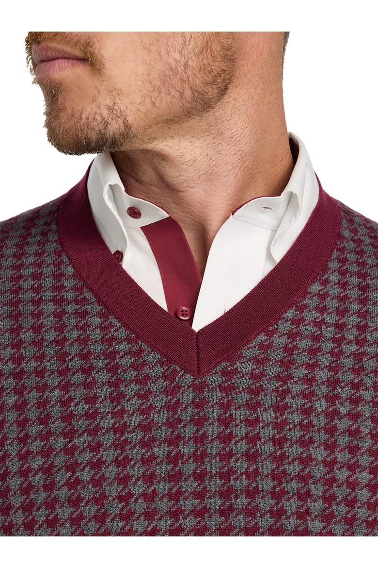 Washable Merino Wool Houndstooth V-neck Sweater, Alternate, color, Burgundy