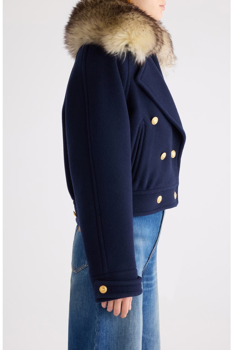 Crop Double Breasted Coat with Genuine Shearling Collar, Alternate, color, EVENING BLUE