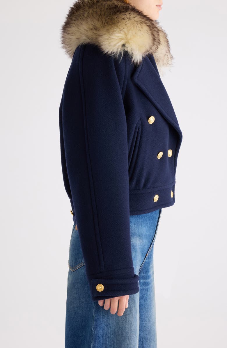 Chloé Crop Double Breasted Coat with Genuine Shearling Collar, Alternate, color, Evening Blue