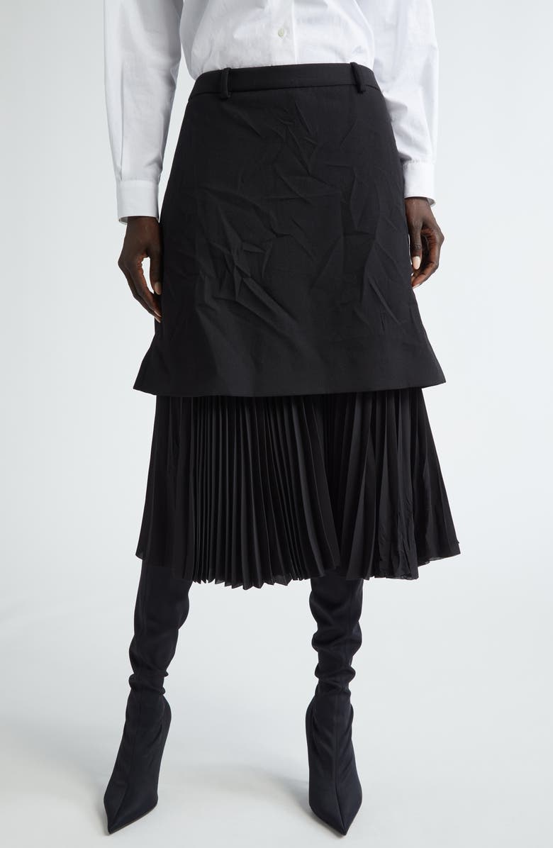 Balenciaga Pleated Mixed Media Layered Midi Skirt, Main, color,