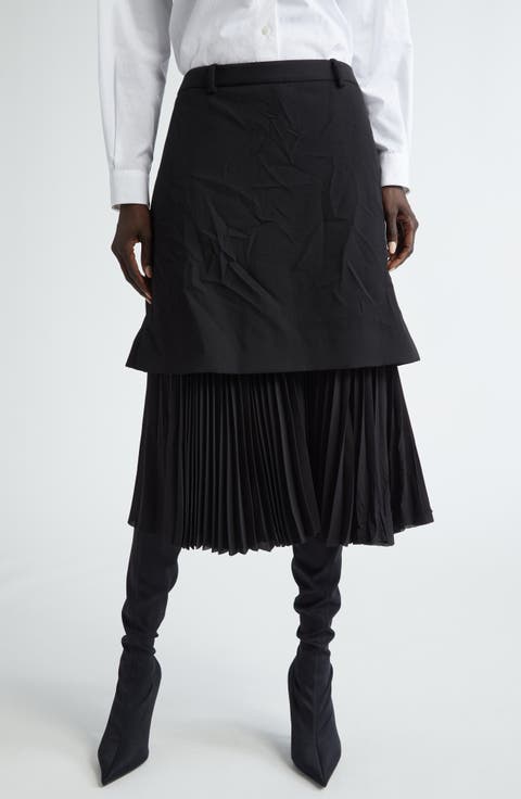 Pleated Mixed Media Layered Midi Skirt