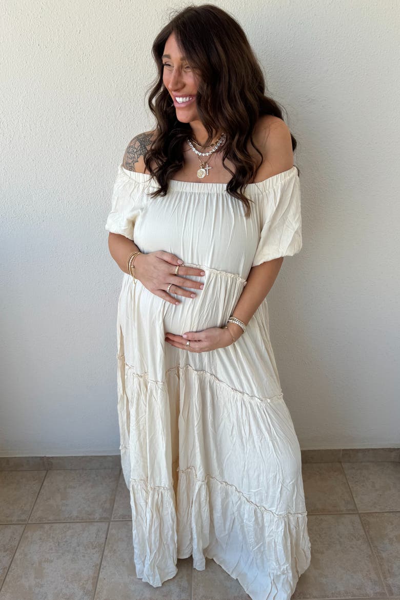 Off Shoulder Ruffle Tiered Maxi Dress, Alternate, color, Cream