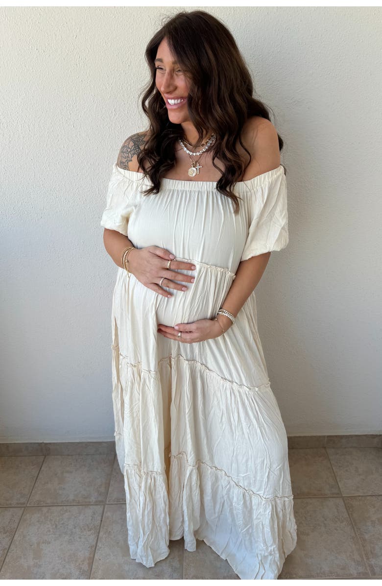 PinkBlush Off Shoulder Ruffle Tiered Maxi Dress, Alternate, color, Cream