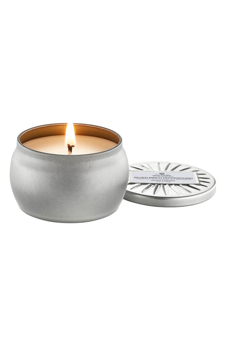 Voluspa Silver Birch Peppercorn Mini Tin Candle, Main, color, 