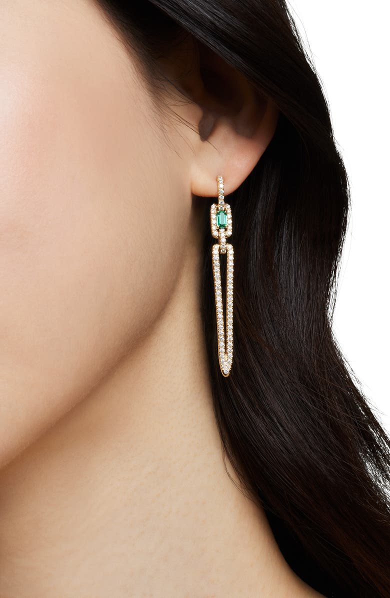 David Yurman Stax Elongated Drop Earrings in 18K Yellow Gold with Pavé Diamonds and Emerald, Alternate, color,