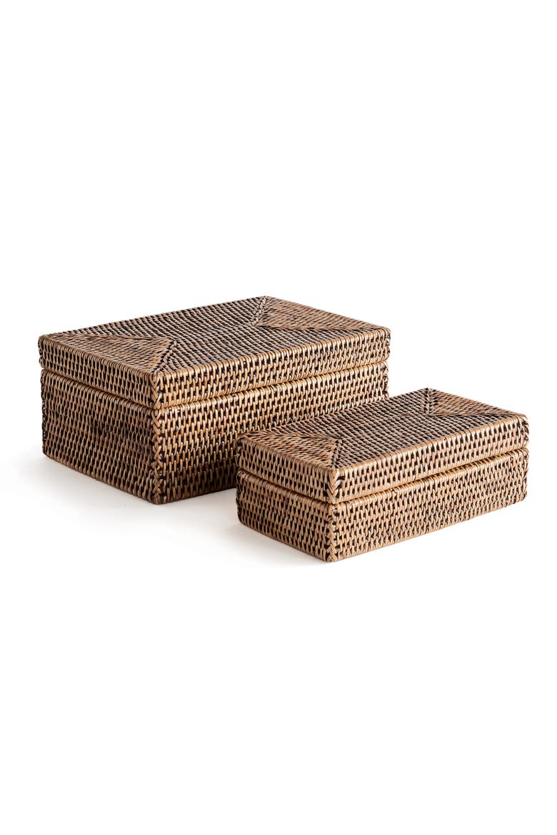 Burma Rattan Rectangular Lidded Boxes Set of 2, Main, color, Brown