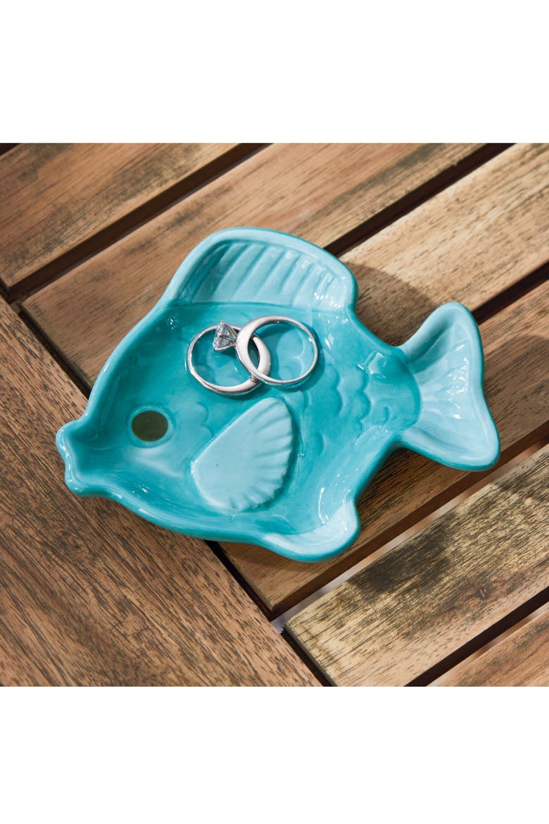 Fish Trinket Dish Teal Earthenware Summer, Alternate, color, Blue