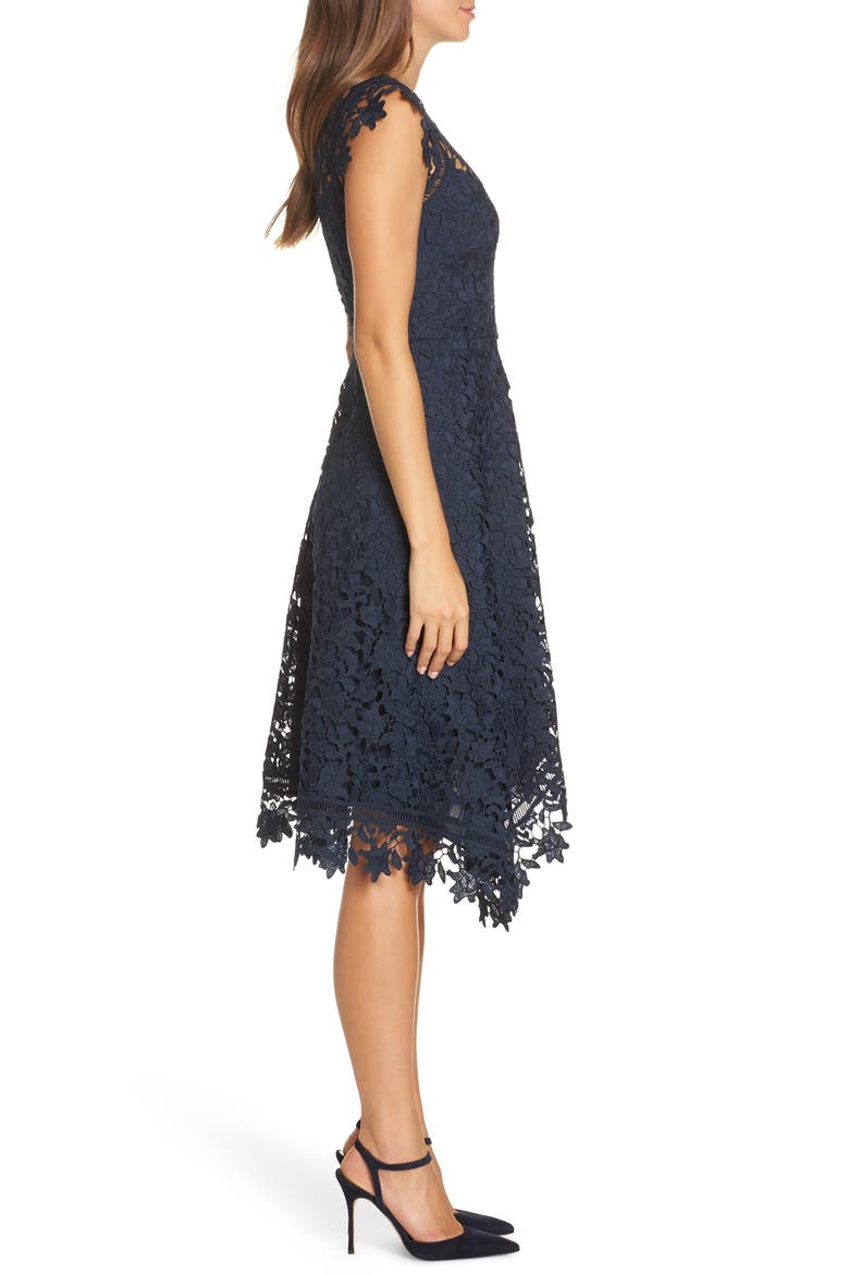 Asymmetrical Lace Fit & Flare Dress, Alternate, color, NAVY