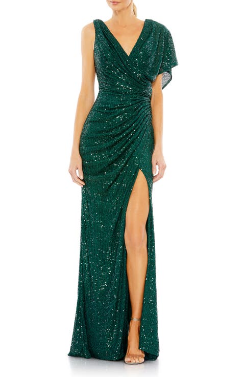 Sequined Asymmetrical Draped Trumpet Gown
