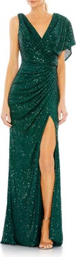 Ieena for Mac Duggal Sequined Asymmetrical Draped Trumpet Gown