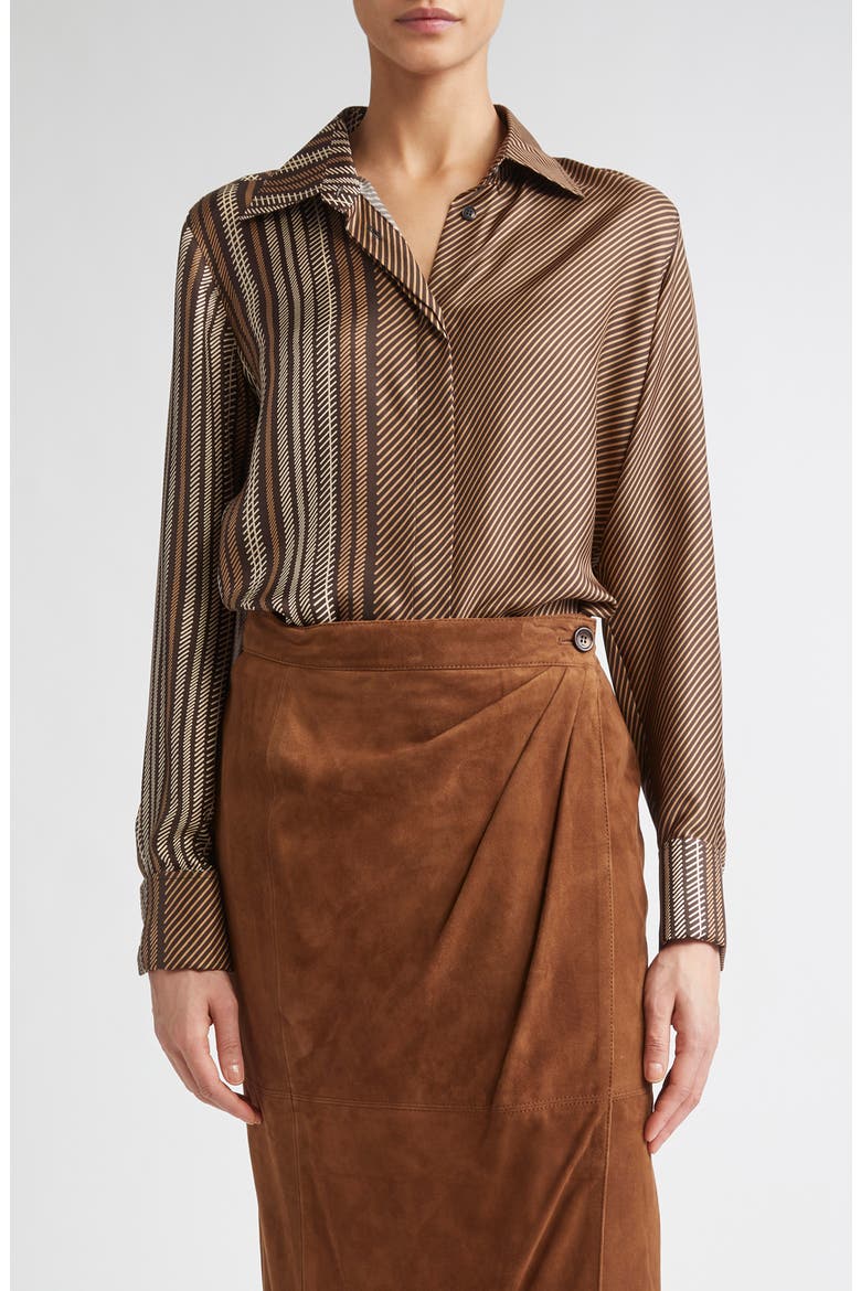 Shaker Stripe Silk Top, Main, color, CHOCOLATE
