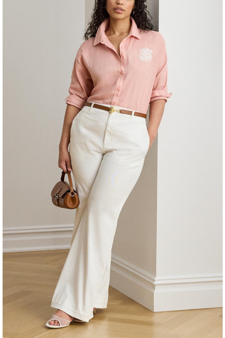 Relaxed Fit Eyelet Logo Embroidered Linen Button-Up Shirt, Alternate, color, PINK RHODONITE