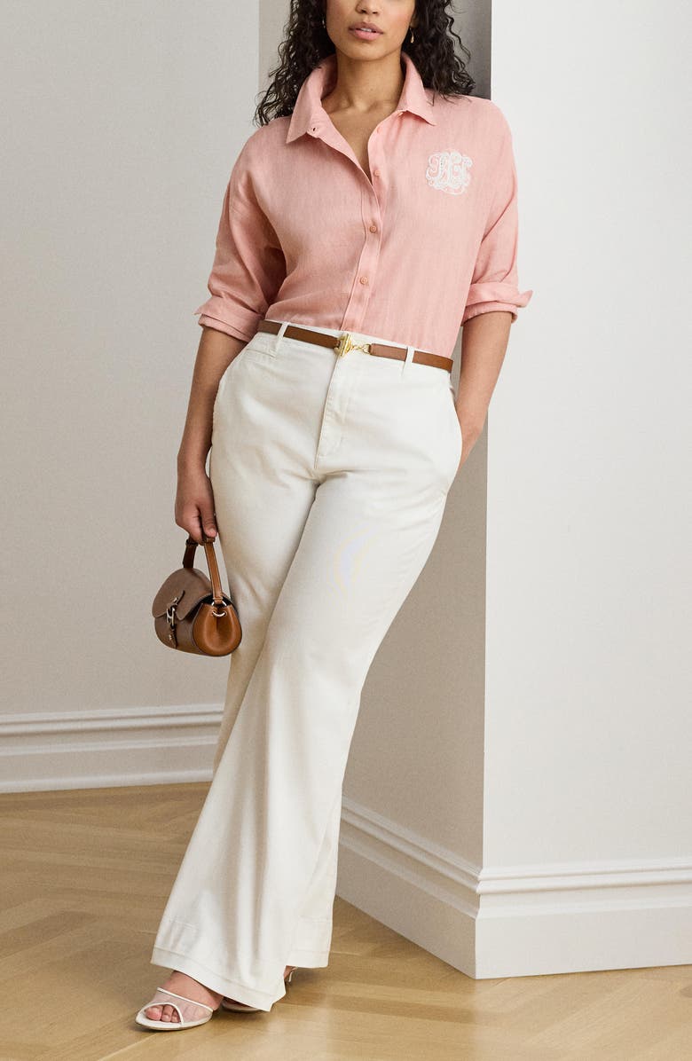 Lauren Ralph Lauren Relaxed Fit Eyelet Logo Embroidered Linen Button-Up Shirt, Alternate, color, Pink Rhodonite