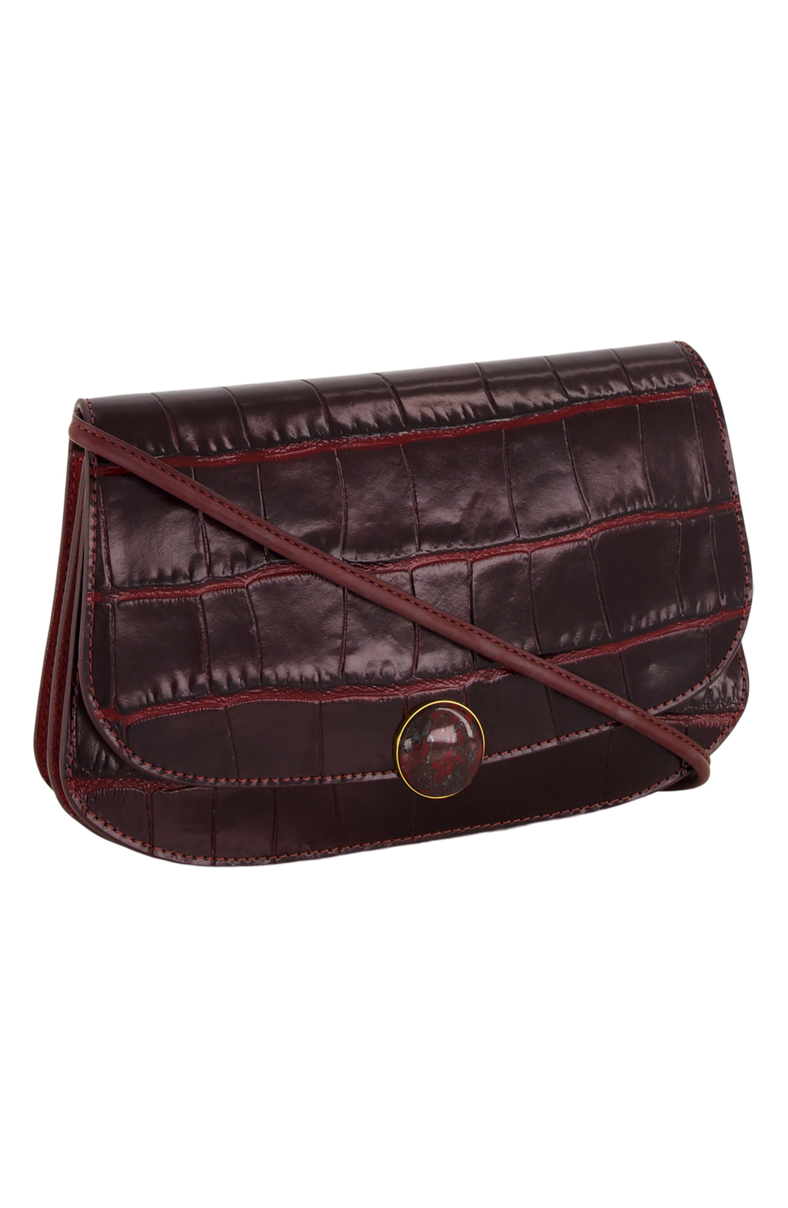 Flora Croc Embossed Leather Triple Gusset Clutch, Alternate, color, BLACK ROSE