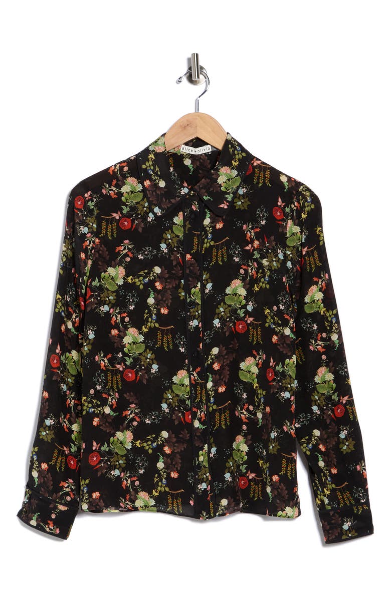 Alice + Olivia Willa Floral Print Silk Blouse, Main, color, Blush Kiss Black