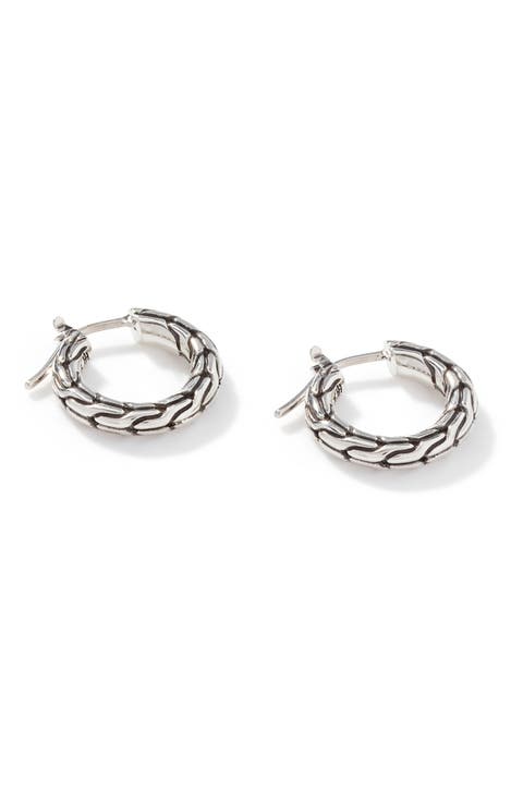Carved Chain Hoop Earrings, Silver, 16mm