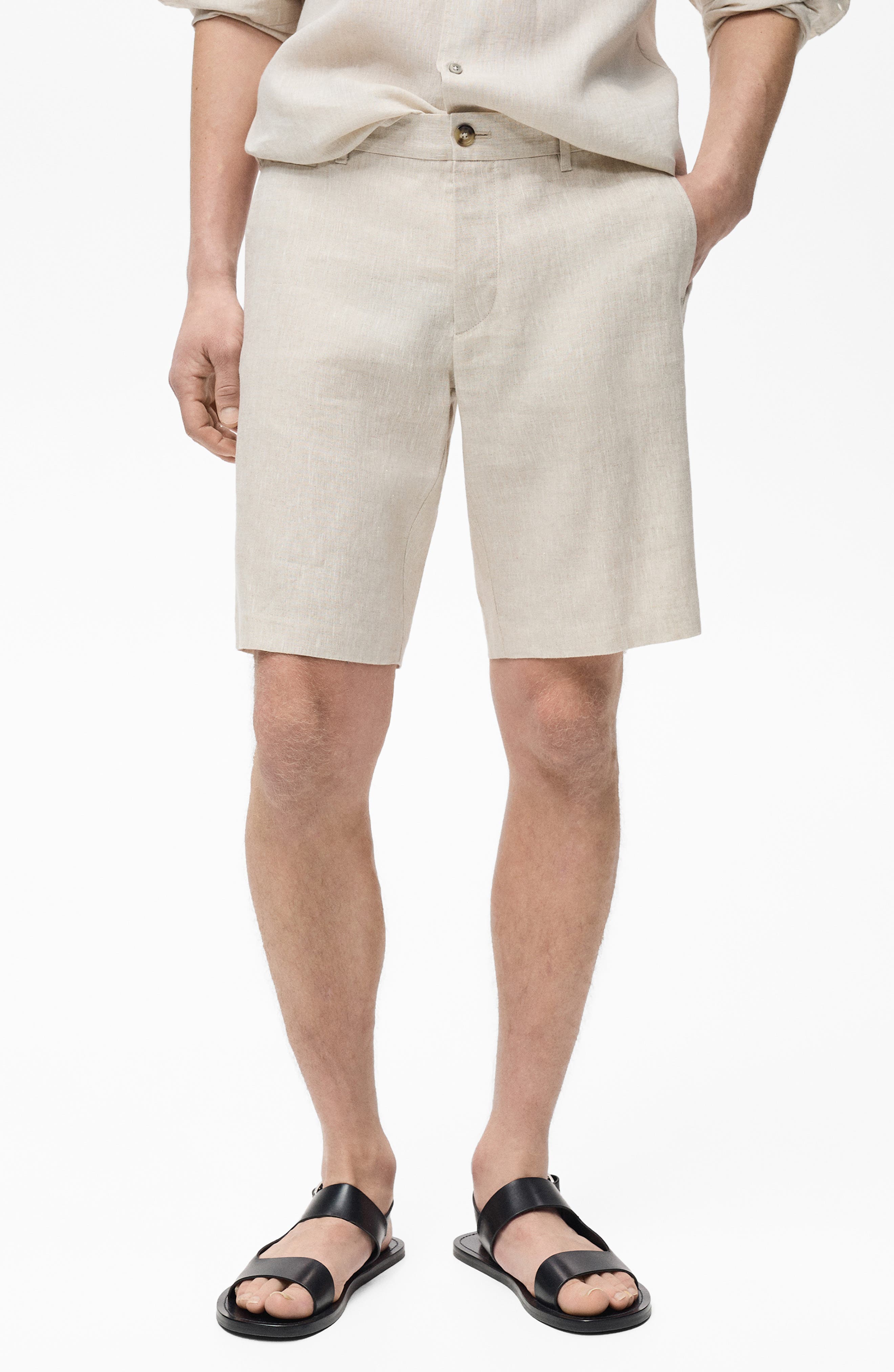 MANGO Slim Fit Flat Front Linen Bermuda Chino Shorts
