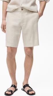 MANGO Slim Fit Flat Front Linen Bermuda Chino Shorts
