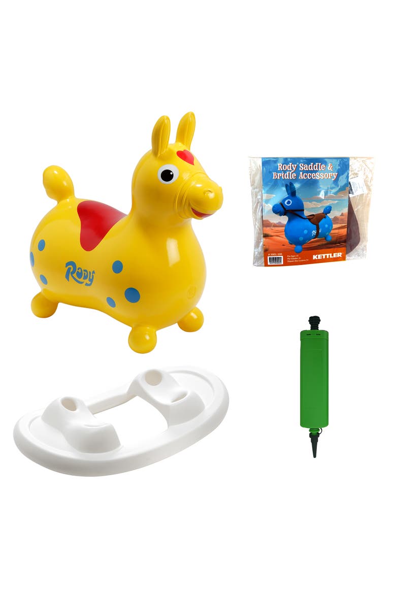 Rody Inflatable Bounce Horse with Rocking Base & Saddle-Bridle Accessory, Main, color, Yellow