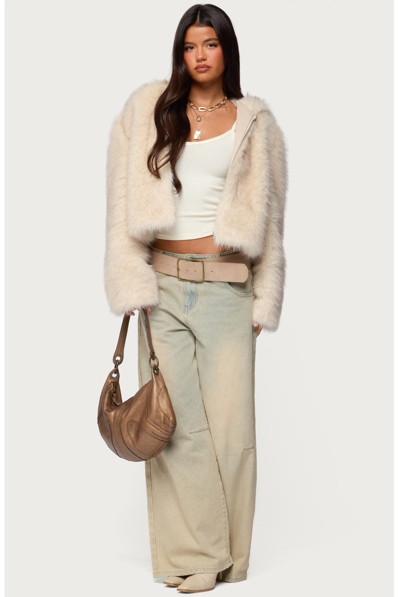 Beyonca Faux Fur Hooded Crop Jacket, Alternate, color, BEIGE