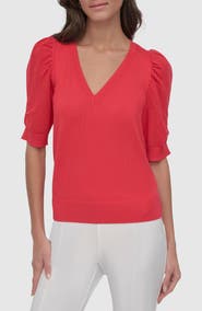 DKNY Puff Sleeve V-Neck Sweater