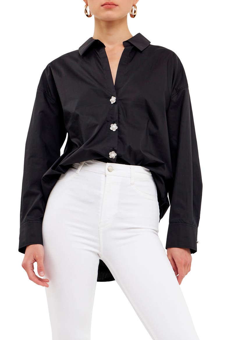 Imitation Pearl Button-Up Cotton Shirt, Main, color, BLACK