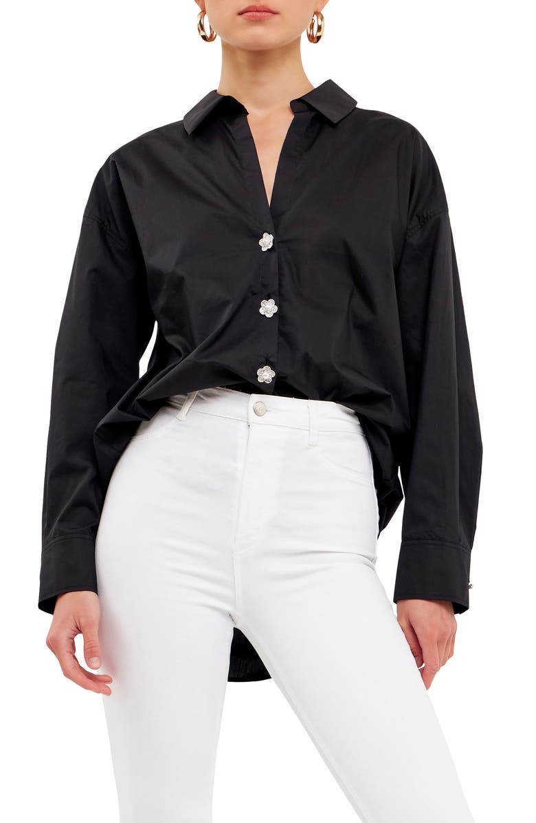 English Factory Imitation Pearl Button-Up Cotton Shirt, Main, color, Black