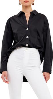 English Factory Imitation Pearl Button-Up Cotton Shirt