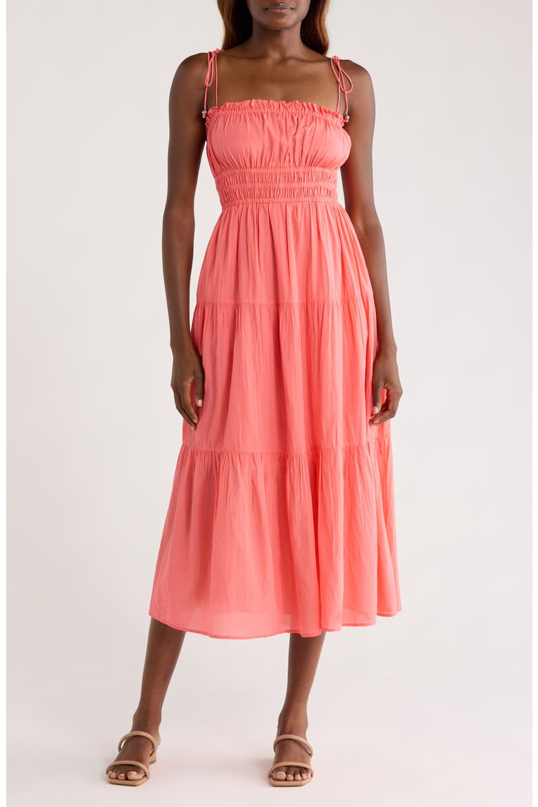 Smocked Cover-Up Midi Dress, Main, color, CORAL