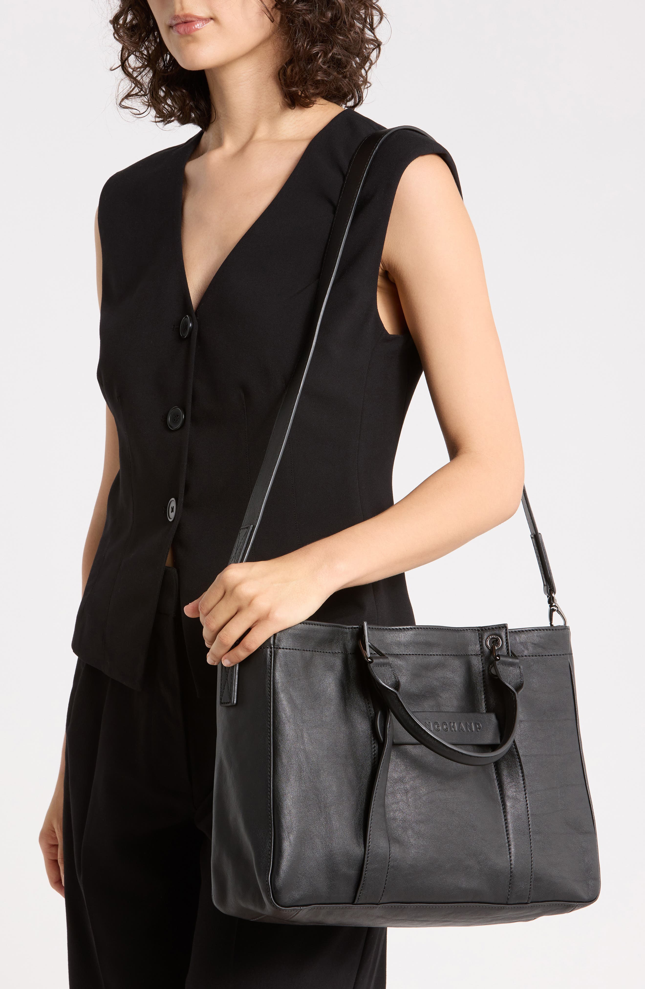 LC3D Zip Top Medium Leather Tote Bag, Alternate, color, BLACK